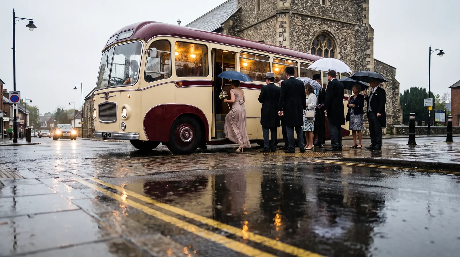 A cream and burgundy touring coach at the kerb outside St Margaret's parish church on Uxbridge High Street in steady rain, a wedding party in hats and formal dress boarding under umbrellas past puddles on the pavement