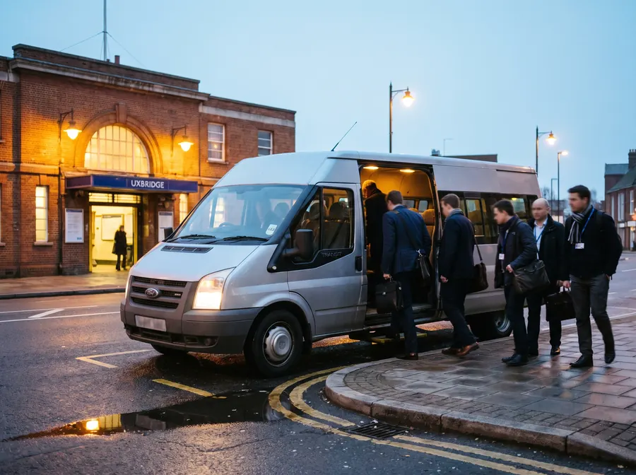 A silver-grey 16-seat minibus at the kerb on the forecourt outside Uxbridge Underground station before sunrise, street lamps still lit, a corporate group with laptop bags and lanyards boarding through the open door