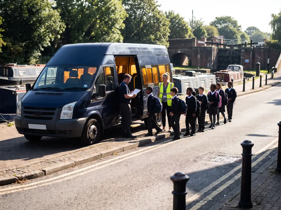 A dark navy 16-seat minibus parked on the road beside the Grand Union Canal at Uxbridge on a bright summer morning, a school group in uniform boarding in a line while two teachers count them on, narrowboats moored by the lock behind