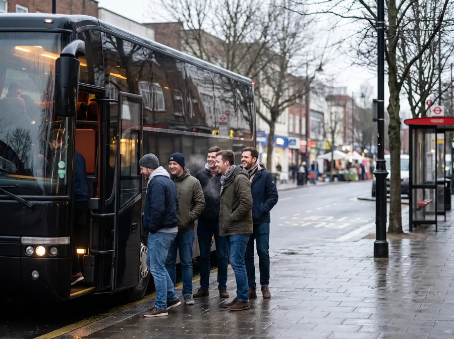 A black executive coach at the kerb on Uxbridge High Street on an overcast winter afternoon, a group of men in their twenties and thirties boarding for a day out past shopfronts and market stalls